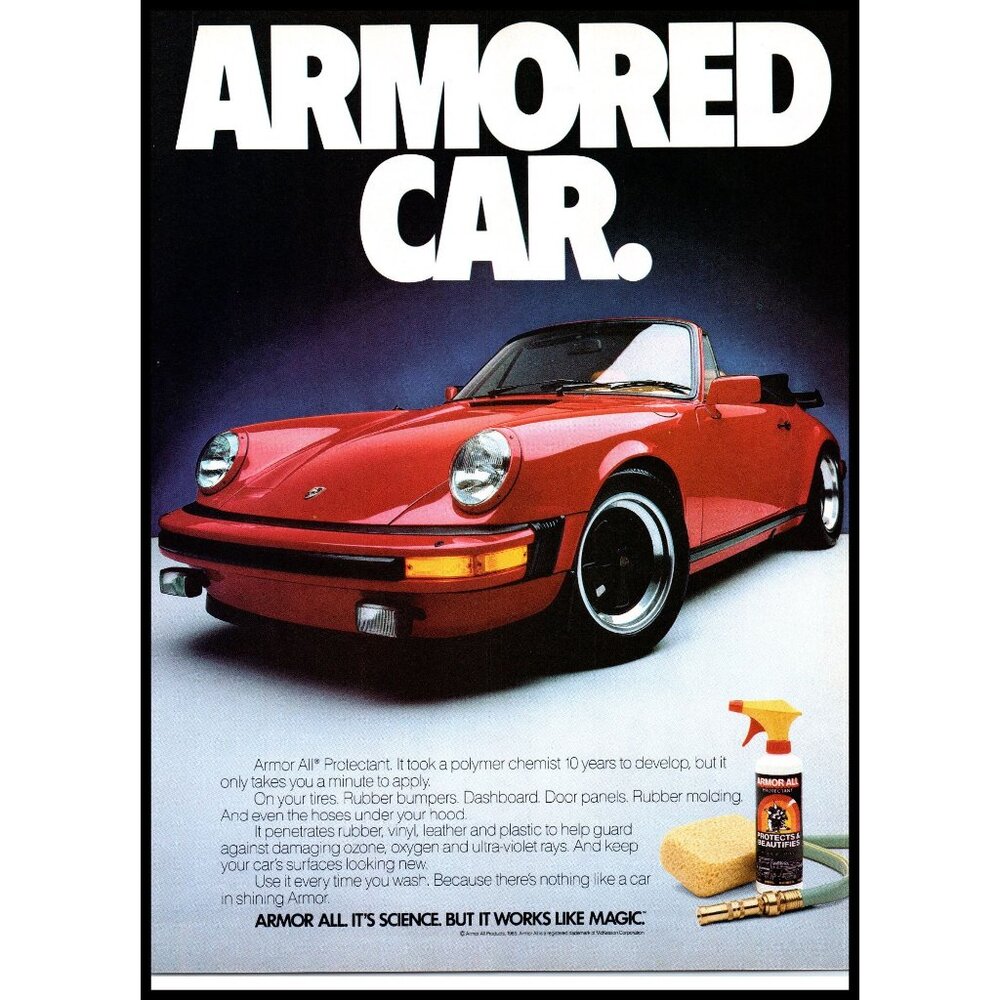 1985 Porsche 911 Convertible Armor All Vintage Print Ad Armored Car 80s Wall Art